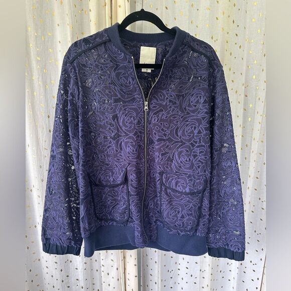 Anthropologie Elevenses Miranda Embroidered Floral Lace Unlined Bomber Jacket L - Picture 7 of 12